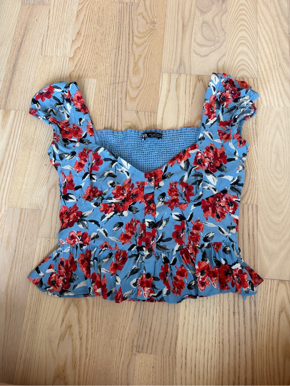 Floral Ruffle Top - Blue with Red Flowers